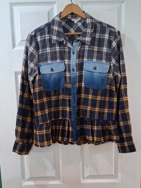 Mystree Navy and Yellow Plaid Ruffle-Hem Button Down Shirt with Denim Pockets